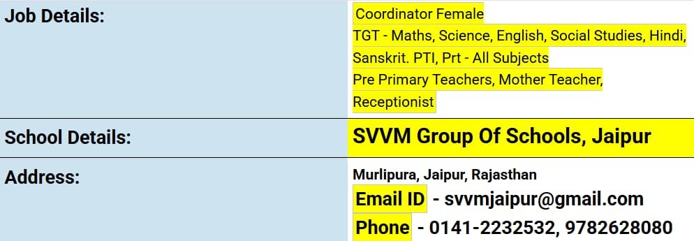 School Jobs at  SVVM Group of Schools ,   Jaipur